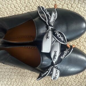 Chloe Black Leather Flats with Logo Ribbon